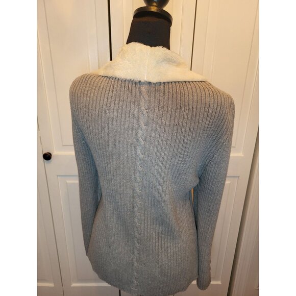 Gray Faux Suede/Faux Fur Cable Knit Ribbed Open Cardigan  16P Winter Ski Lodge - Picture 2 of 9